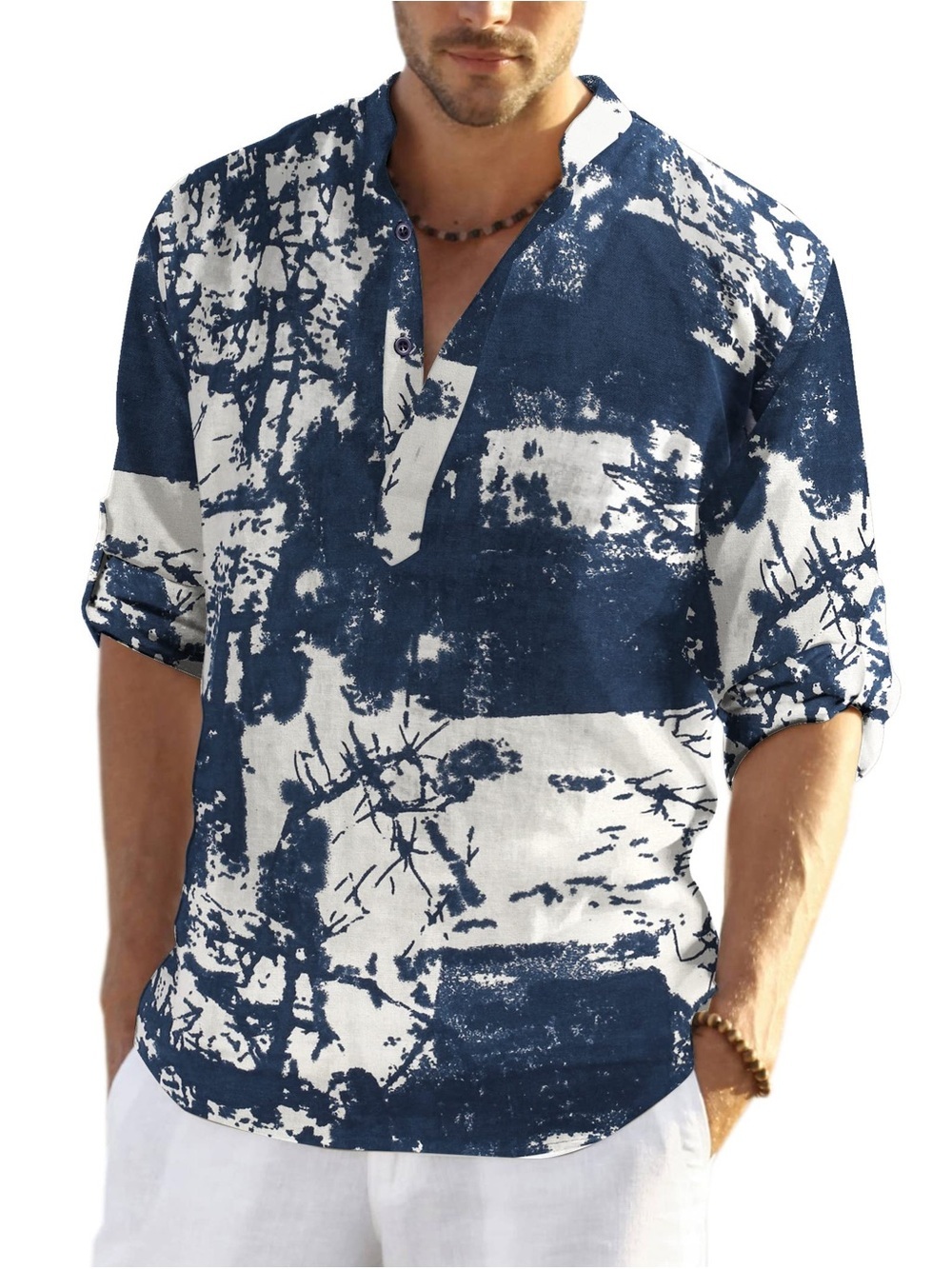 Men's Navy & White Abstract Print Casual Button-Down Shirt